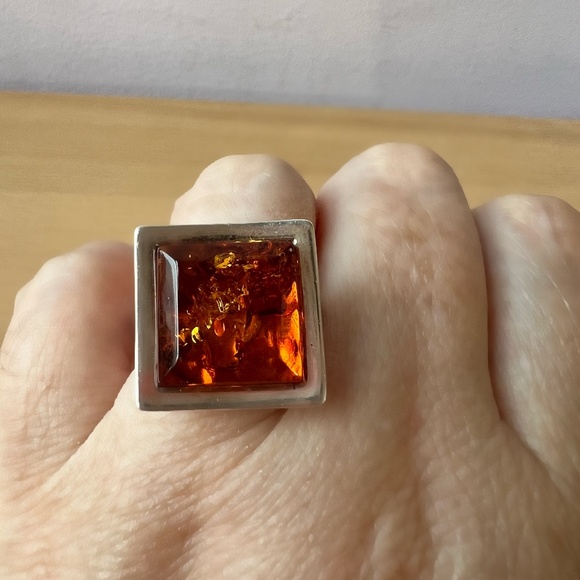 VINTAGE LARGE MODERNIST STATEMENT DESIGNER AMBER RING 925 STERLING SILVER